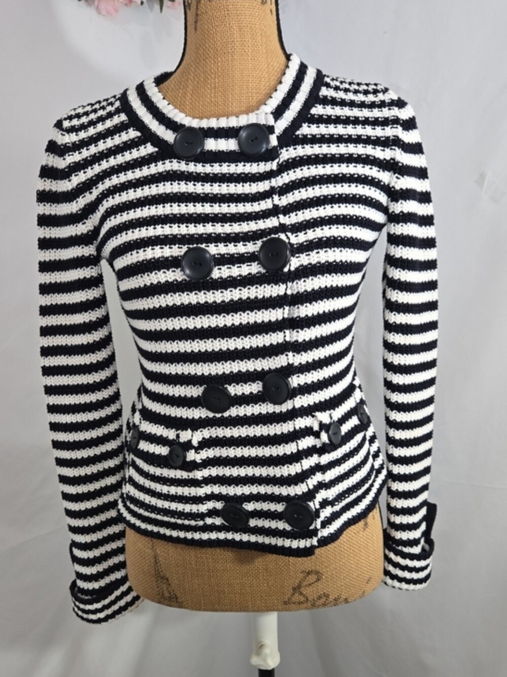 Talbots Black & White Striped Double-Breasted Knit Jacket